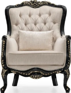 Casa Padrino Luxus Barock Wohnzimmer Sessel Creme / Schwarz / Gold - Handgefertigter Barockstil Sessel mit dekorativem Kissen - Luxus Wohnzimmer Möbel im Barockstil - Barock Möbel