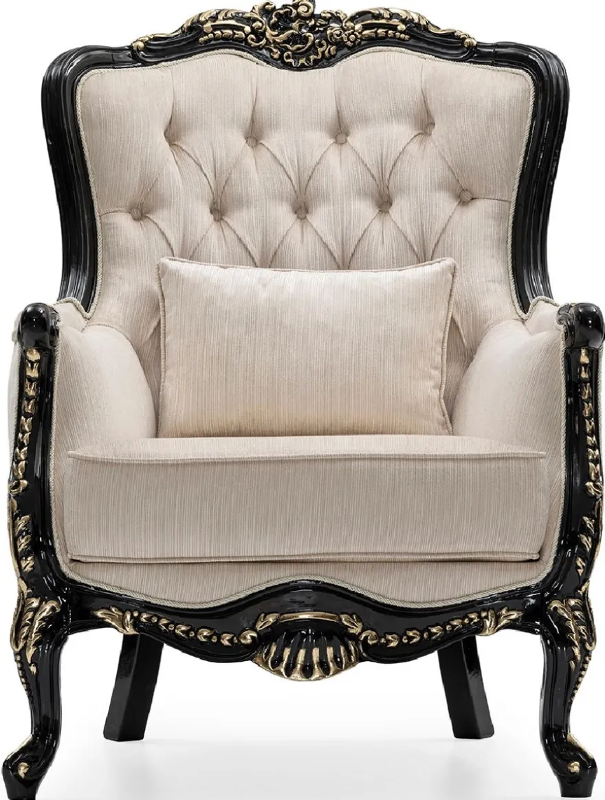 Casa Padrino Luxus Barock Wohnzimmer Sessel Creme / Schwarz / Gold - Handgefertigter Barockstil Sessel mit dekorativem Kissen - Luxus Wohnzimmer Möbel im Barockstil - Barock Möbel
