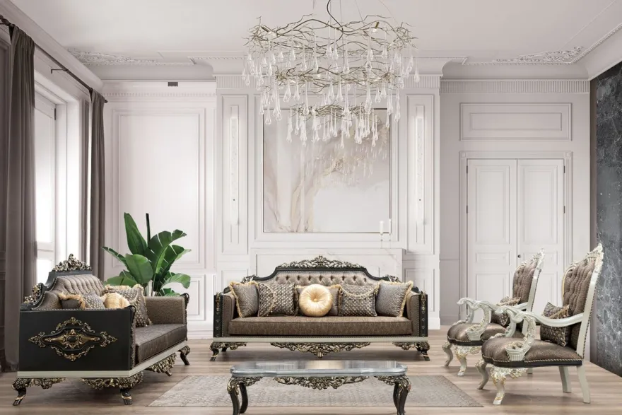 Casa Padrino Luxus Barock Wohnzimmer Set - 2 Sofas & 2 Sessel & 1 Couchtisch - Handgefertigte Wohnzimmer Möbel im Barockstil - Edel & Prunkvoll