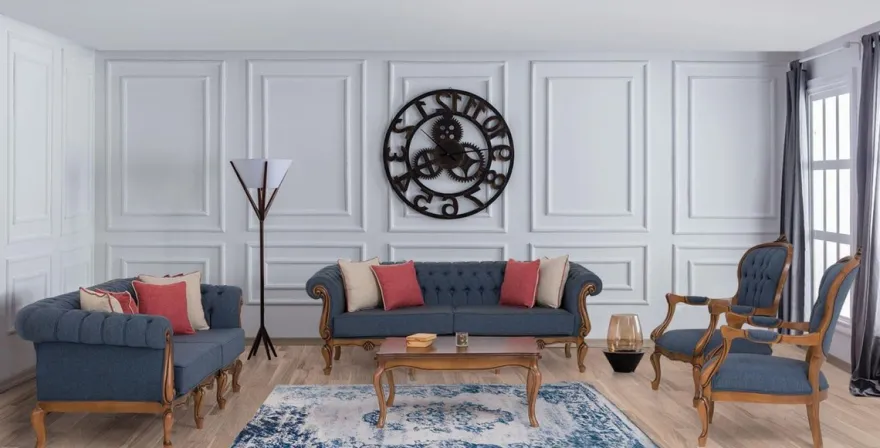 Casa Padrino Luxus Barock Wohnzimmer Set Blau / Braun - 2 Barock Sofas & 2 Barock Sessel & 1 Barock Couchtisch - Barock Wohnzimmer Möbel
