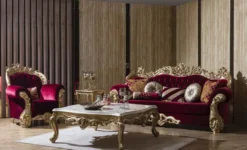 Casa Padrino Luxus Barock Wohnzimmer Set Boardeauxrot / Weiß / Gold - 2 Sofas & 2 Sessel & 1 Couchtisch - Wohnzimmer Möbel im Barockstil - Edel & Prunkvoll