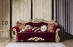 Casa Padrino Luxus Barock Wohnzimmer Set Boardeauxrot / Weiß / Gold - 2 Sofas & 2 Sessel & 1 Couchtisch - Wohnzimmer Möbel im Barockstil - Edel & Prunkvoll