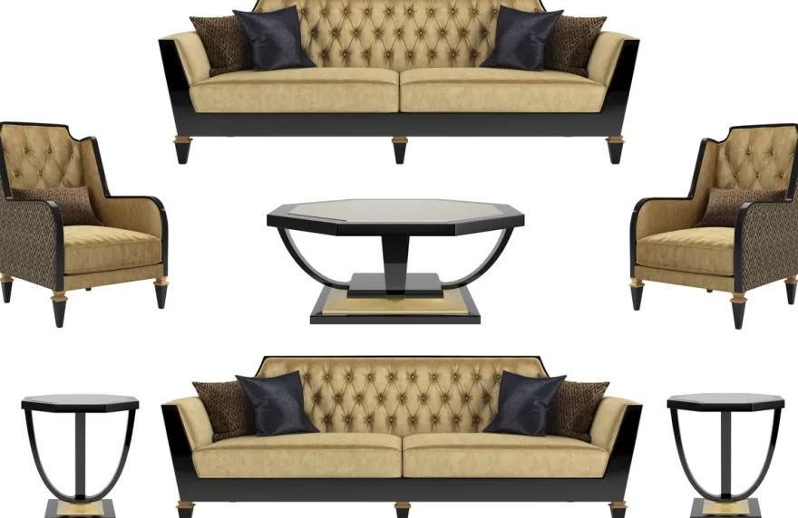 Casa Padrino Luxus Barock Wohnzimmer Set Gold / Schwarz - 2 Sofas & 2 Sessel & 1 Couchtisch & 2 Beistelltische - Wohnzimmermöbel im Barockstil - Edle Barock Möbel