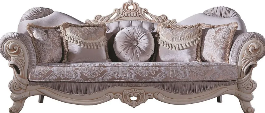 Casa Padrino Luxus Barock Wohnzimmer Sofa mit Glitzersteinen und dekorativen Kissen Flieder / Creme / Beige 230 x 85 x H. 110 cm - Edel & Prunkvoll