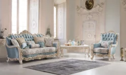 Casa Padrino Luxus Barock Wohnzimmer Sofa mit dekorativen Kissen Hellblau / Creme / Weiß / Gold 240 x 90 x H. 120 cm - Edle Barock Wohnzimmer Möbel