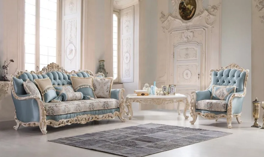 Casa Padrino Luxus Barock Wohnzimmer Sofa mit dekorativen Kissen Hellblau / Creme / Weiß / Gold 240 x 90 x H. 120 cm - Edle Barock Wohnzimmer Möbel