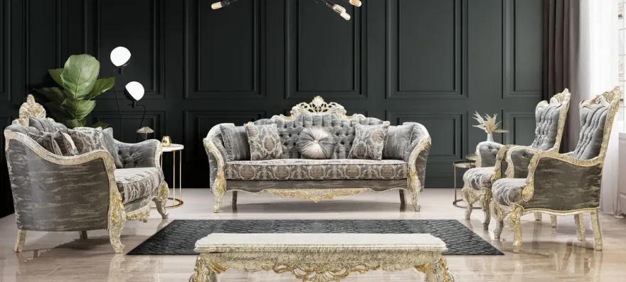 Casa Padrino Luxus Barock Wohnzimmer Set Grau / Antik Weiß / Gold - 2 Barock Sofas & 2 Barock Sessel & 1 Barock Couchtisch - Luxus Wohnzimmer Möbel im Barockstil - Barock Möbel - Edel & Prunkvoll