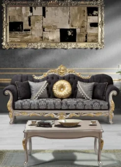 Casa Padrino Luxus Barock Wohnzimmer Set Schwarz / Silber / Gold - 2 Sofas & 2 Sessel & 1 Couchtisch - Wohnzimmer Möbel im Barockstil - Edel & Prunkvoll