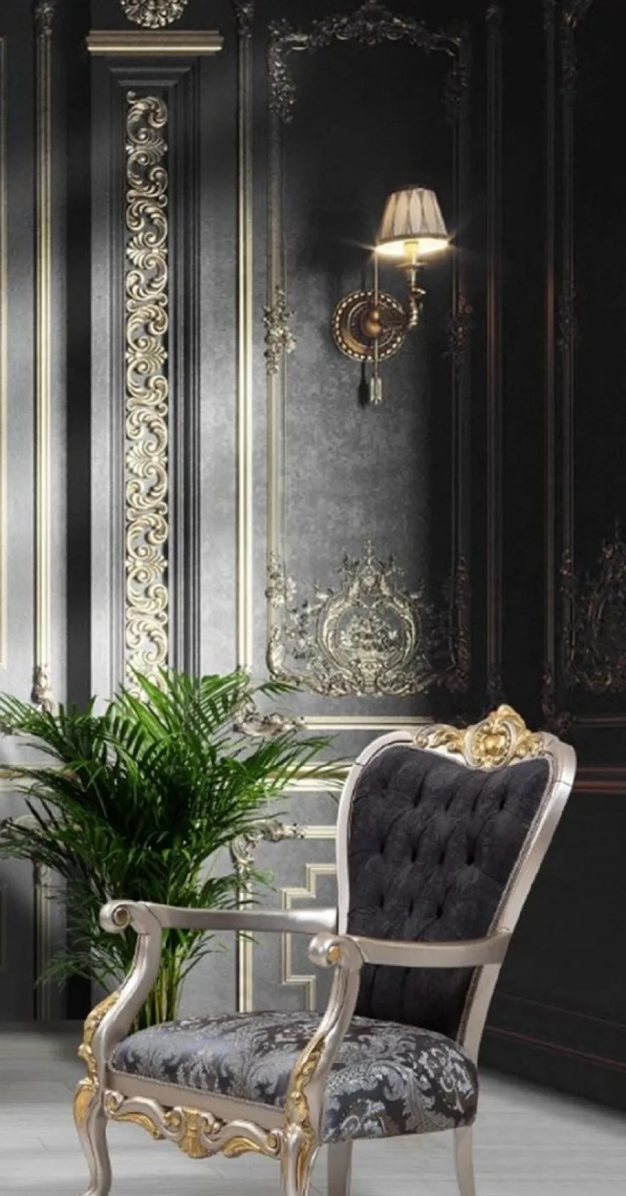 Casa Padrino Luxus Barock Wohnzimmer Set Schwarz / Silber / Gold - 2 Sofas & 2 Sessel & 1 Couchtisch - Wohnzimmer Möbel im Barockstil - Edel & Prunkvoll