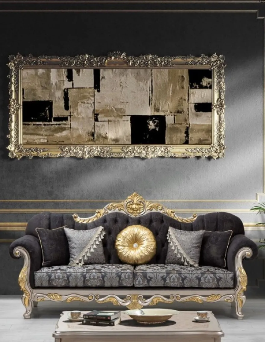 Casa Padrino Luxus Barock Wohnzimmer Set Schwarz / Silber / Gold - 2 Sofas & 2 Sessel & 1 Couchtisch - Wohnzimmer Möbel im Barockstil - Edel & Prunkvoll