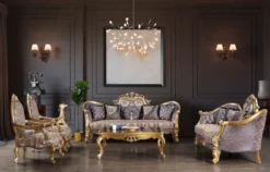 Casa Padrino Luxus Barock Wohnzimmer Set Blau / Gold / Silber - 2 Sofas & 2 Sessel & 1 Couchtisch - Wohnzimmer Möbel - Edel & Prunkvoll