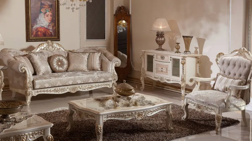 Casa Padrino Luxus Barock Wohnzimmer Set Grau / Silber / Weiß / Gold - 2 Barock Sofas & 2 Barock Sessel & 1 Barock Couchtisch - Wohnzimmer Möbel im Barockstil - Barock Möbel - Barock Einrichtung