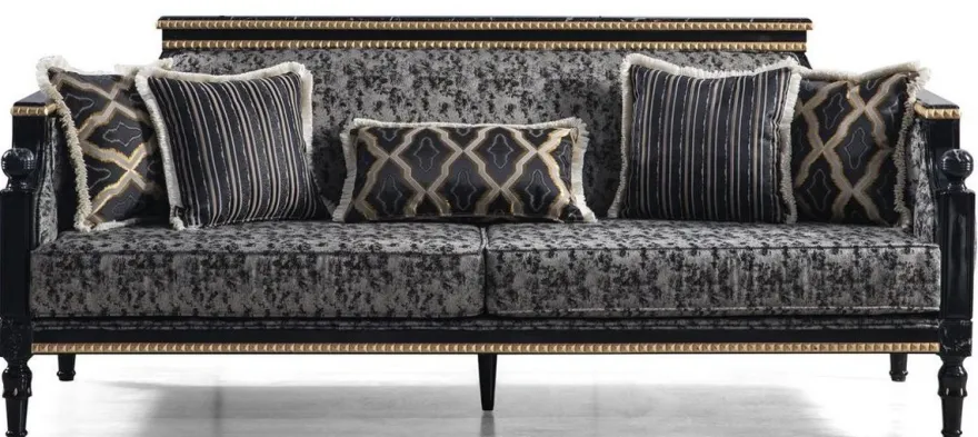 Casa Padrino Luxus Barock Wohnzimmer Set Grau / Schwarz / Gold - 2 Sofas & 2 Sessel & 1 Couchtisch mit Glasplatte in Marmoroptik - Wohnzimmer Möbel im Barockstil - Edel & Prunkvoll