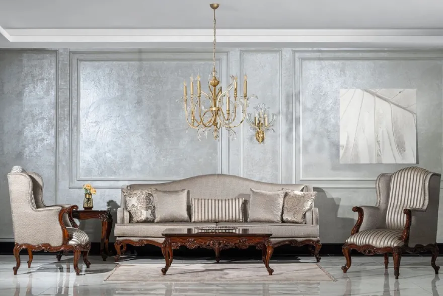 Casa Padrino Luxus Barock Wohnzimmer Set Silber / Braun - 2 Sofas & 2 Sessel & 1 Couchtisch & 2 Beistelltische - Handgefertigte Wohnzimmer Möbel im Barockstil - Edel & Prunkvoll