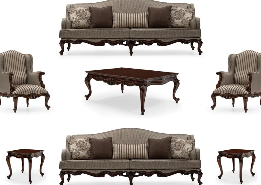 Casa Padrino Luxus Barock Wohnzimmer Set Silber / Braun - 2 Sofas & 2 Sessel & 1 Couchtisch & 2 Beistelltische - Handgefertigte Wohnzimmer Möbel im Barockstil - Edel & Prunkvoll