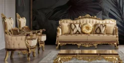 Casa Padrino Luxus Barock Wohnzimmer Set Beige / Braun / Gold - 2 Barock Sofas mit Muster & 2 Barock Sessel mit Muster & 1 Barock Couchtisch - Barock Wohnzimmer Möbel