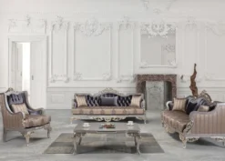 Casa Padrino Luxus Barock Wohnzimmer Set Lila / Beige / Silber / Gold - 2 Sofas & 2 Sessel & 1 Couchtisch - Wohnzimmer Möbel im Barockstil - Edel & Prunkvoll