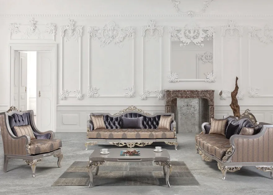 Casa Padrino Luxus Barock Wohnzimmer Set Lila / Beige / Silber / Gold - 2 Sofas & 2 Sessel & 1 Couchtisch - Wohnzimmer Möbel im Barockstil - Edel & Prunkvoll