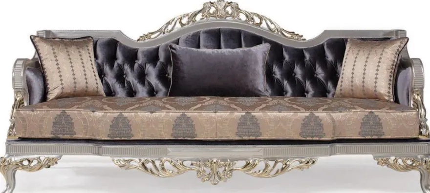 Casa Padrino Luxus Barock Wohnzimmer Set Lila / Beige / Silber / Gold - 2 Sofas & 2 Sessel & 1 Couchtisch - Wohnzimmer Möbel im Barockstil - Edel & Prunkvoll
