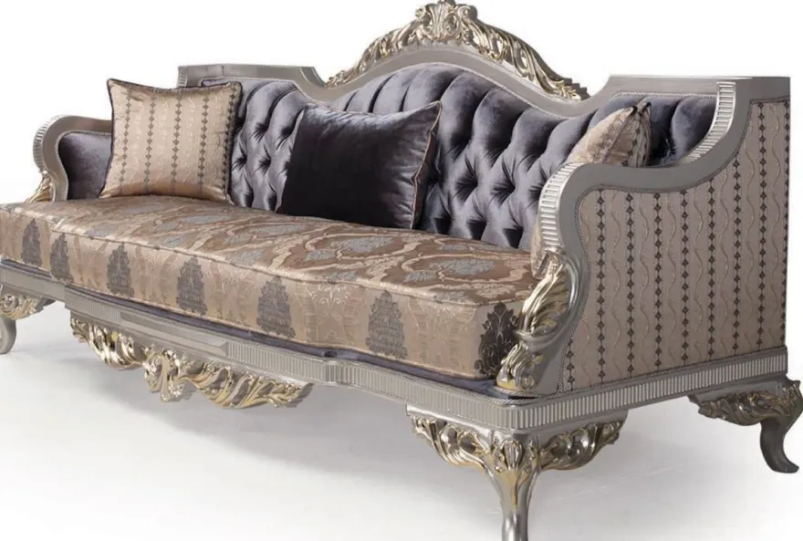 Casa Padrino Luxus Barock Wohnzimmer Set Lila / Beige / Silber / Gold - 2 Sofas & 2 Sessel & 1 Couchtisch - Wohnzimmer Möbel im Barockstil - Edel & Prunkvoll