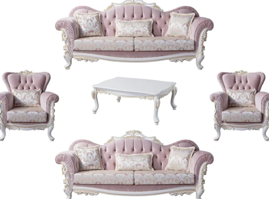 Casa Padrino Luxus Barock Wohnzimmer Set Rosa / Silber / Weiß / Gold - 2 Sofas & 2 Sessel & 1 Couchtisch - Edle Wohnzimmer Möbel im Barockstil