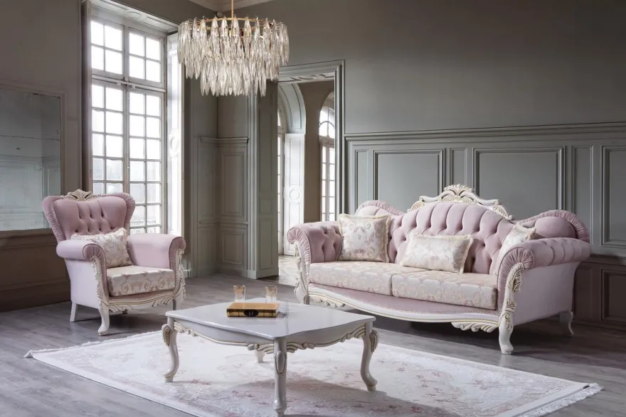 Casa Padrino Luxus Barock Wohnzimmer Set Rosa / Silber / Weiß / Gold - 2 Sofas & 2 Sessel & 1 Couchtisch - Edle Wohnzimmer Möbel im Barockstil