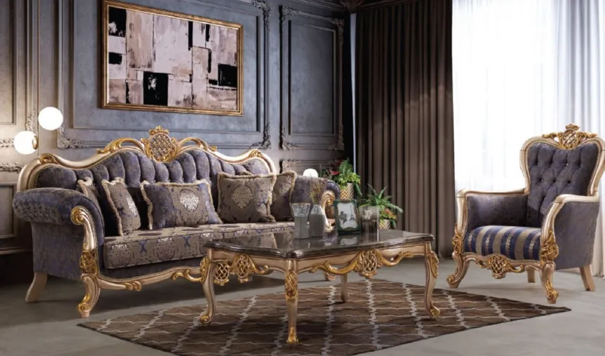 Casa Padrino Luxus Barock Wohnzimmer Set Blau / Silber / Gold - 2 Sofas & 2 Sessel & 1 Couchtisch - Handgefertigte Wohnzimmer Möbel im Barockstil - Edel & Prunkvoll