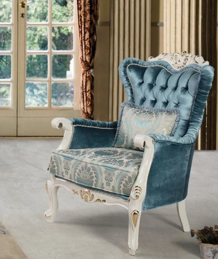 Casa Padrino Luxus Barock Wohnzimmer Sessel mit Kissen Blau / Weiß / Gold 87 x 76 x H. 115 cm - Barock Möbel - Edel & Prunkvoll