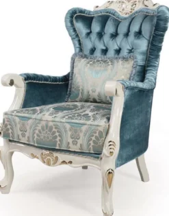 Casa Padrino Luxus Barock Wohnzimmer Sessel mit Kissen Blau / Weiß / Gold 87 x 76 x H. 115 cm - Barock Möbel - Edel & Prunkvoll