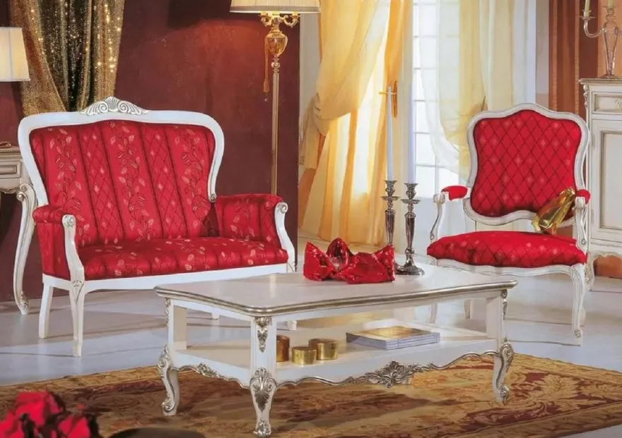 Casa Padrino Luxus Barock Wohnzimmer Set Rot / Weiß / Silber - 2 Barock Sofas & 2 Barock Sessel & 1 Barock Couchtisch - Barock Wohnzimmer & Hotel Möbel - Luxus Qualität - Made in Italy