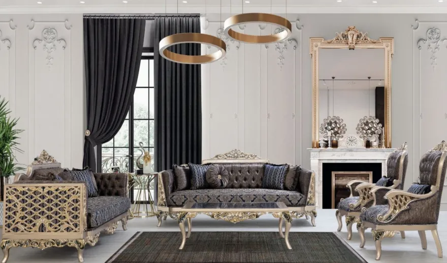 Casa Padrino Luxus Barock Wohnzimmer Set Blau / Silber / Gold - 2 Sofas & 2 Sessel & 1 Couchtisch - Prunkvolle Barock Wohnzimmer Möbel
