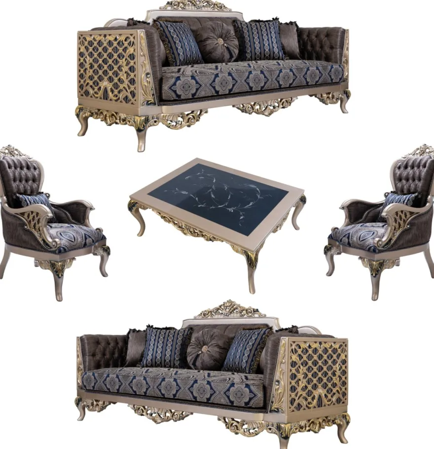 Casa Padrino Luxus Barock Wohnzimmer Set Blau / Silber / Gold - 2 Sofas & 2 Sessel & 1 Couchtisch - Prunkvolle Barock Wohnzimmer Möbel