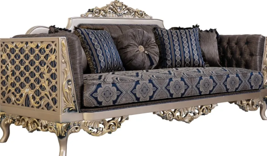 Casa Padrino Luxus Barock Wohnzimmer Set Blau / Silber / Gold - 2 Sofas & 2 Sessel & 1 Couchtisch - Prunkvolle Barock Wohnzimmer Möbel