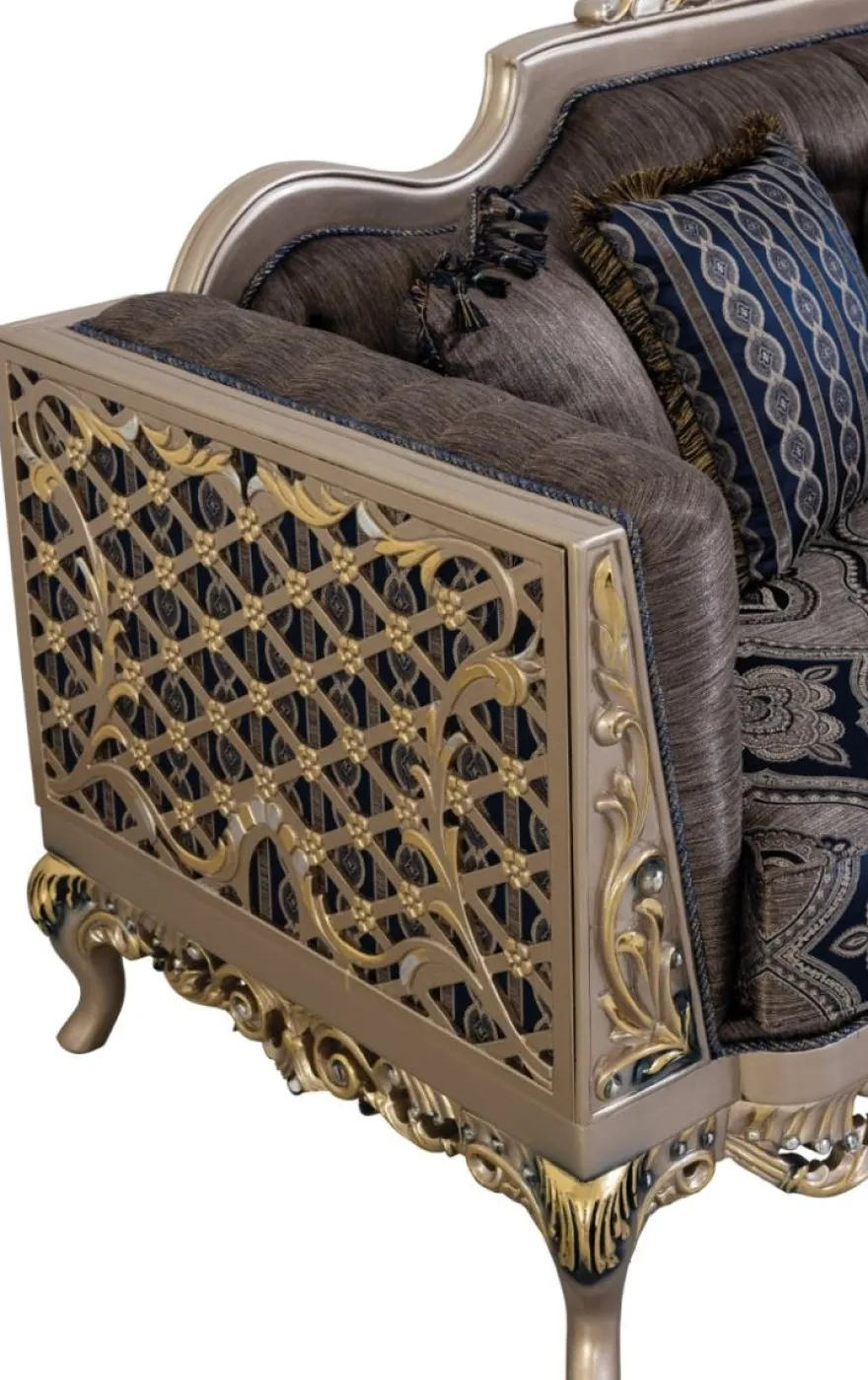 Casa Padrino Luxus Barock Wohnzimmer Set Blau / Silber / Gold - 2 Sofas & 2 Sessel & 1 Couchtisch - Prunkvolle Barock Wohnzimmer Möbel