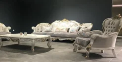 Casa Padrino Luxus Barock Wohnzimmer Set Grau / Türkis / Weiß / Gold - 2 Barock Sofas mit Muster & 2 Barock Sessel mit Muster & 1 Barock Couchtisch - Barock Wohnzimmer Möbel