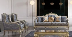 Casa Padrino Luxus Barock Wohnzimmer Set Blau / Silber / Gold - 2 Barock Sofas mit Muster & 2 Barock Sessel mit Muster & 1 Barock Couchtisch - Barock Wohnzimmer Möbel