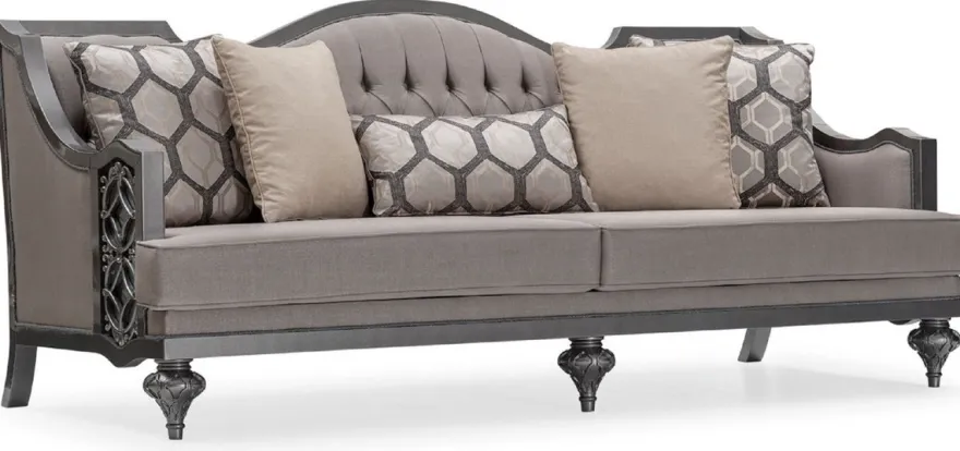 Casa Padrino Luxus Barock Wohnzimmer Sofa Grau / Grau - Handgefertigtes Barockstil Sofa mit dekorativen Kissen - Luxus Wohnzimmer Möbel im Barockstil - Barock Möbel