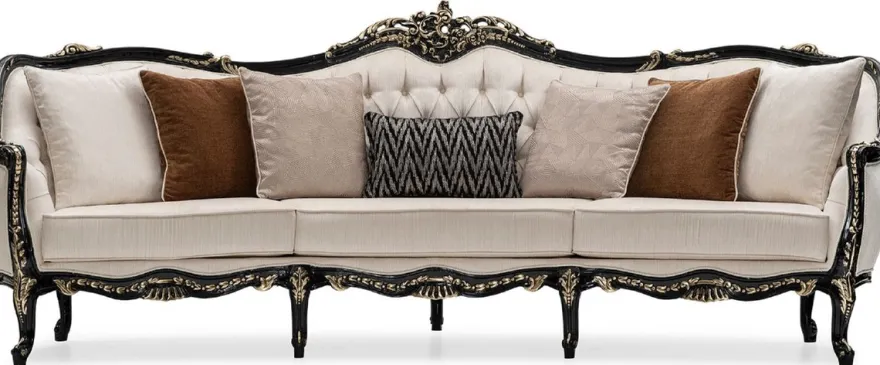 Casa Padrino Luxus Barock Wohnzimmer Set Creme / Schwarz / Gold - 2 Sofas & 2 Sessel & 1 Couchtisch & 2 Beistelltische - Handgefertigte Wohnzimmer Möbel im Barockstil - Edel & Prunkvoll