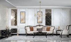 Casa Padrino Luxus Barock Wohnzimmer Set Creme / Schwarz / Gold - 2 Sofas & 2 Sessel & 1 Couchtisch & 2 Beistelltische - Handgefertigte Wohnzimmer Möbel im Barockstil - Edel & Prunkvoll
