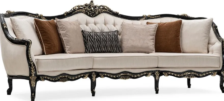 Casa Padrino Luxus Barock Wohnzimmer Set Creme / Schwarz / Gold - 2 Sofas & 2 Sessel & 1 Couchtisch & 2 Beistelltische - Handgefertigte Wohnzimmer Möbel im Barockstil - Edel & Prunkvoll