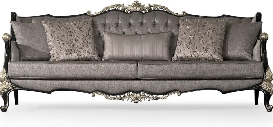 Casa Padrino Luxus Barock Wohnzimmer Sofa Silber / Schwarz / Silber - Prunkvolles Barockstil Sofa mit dekorativen Kissen - Luxus Wohnzimmer Möbel im Barockstil - Barock Möbel