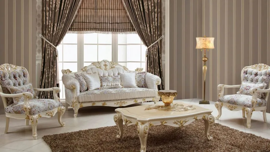 Casa Padrino Luxus Barock Wohnzimmer Set Weiß / Braun / Mehrfarbig / Creme / Gold - 2 Barock Sofas & 2 Barock Sessel & 1 Barock Couchtisch - Luxus Wohnzimmer Möbel im Barockstil - Barock Möbel