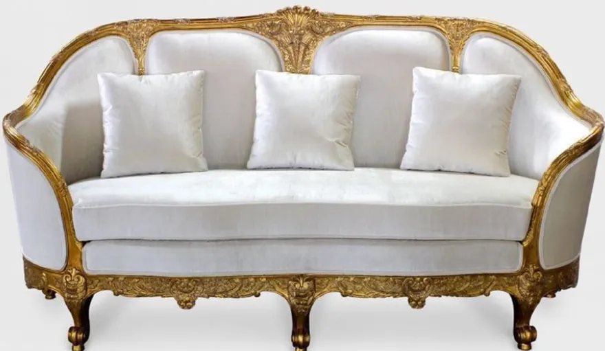 Casa Padrino Luxus Barock Wohnzimmer Sofa Weiß / Gold - Edles Handgefertigtes Antik Stil Sofa - Barock Wohnzimmer Möbel