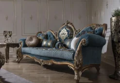 Casa Padrino Luxus Barock Wohnzimmer Set Blau / Gold - 2 Sofas & 2 Sessel & 1 Couchtisch - Prunkvolle Wohnzimmer Möbel im Barockstil