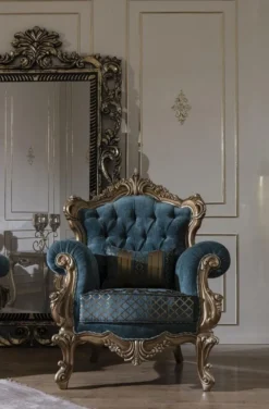 Casa Padrino Luxus Barock Wohnzimmer Set Blau / Gold - 2 Sofas & 2 Sessel & 1 Couchtisch - Prunkvolle Wohnzimmer Möbel im Barockstil