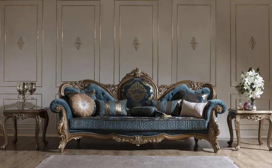Casa Padrino Luxus Barock Wohnzimmer Set Blau / Gold - 2 Sofas & 2 Sessel & 1 Couchtisch - Prunkvolle Wohnzimmer Möbel im Barockstil