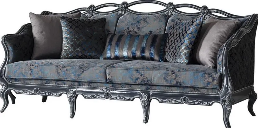 Casa Padrino Luxus Barock Wohnzimmer Set Grau / Blau / Grau - 2 Sofas & 2 Sessel & 1 Couchtisch - Prunkvolle Wohnzimmer Möbel im Barockstil