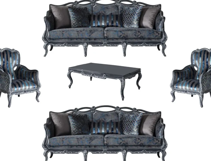 Casa Padrino Luxus Barock Wohnzimmer Set Grau / Blau / Grau - 2 Sofas & 2 Sessel & 1 Couchtisch - Prunkvolle Wohnzimmer Möbel im Barockstil