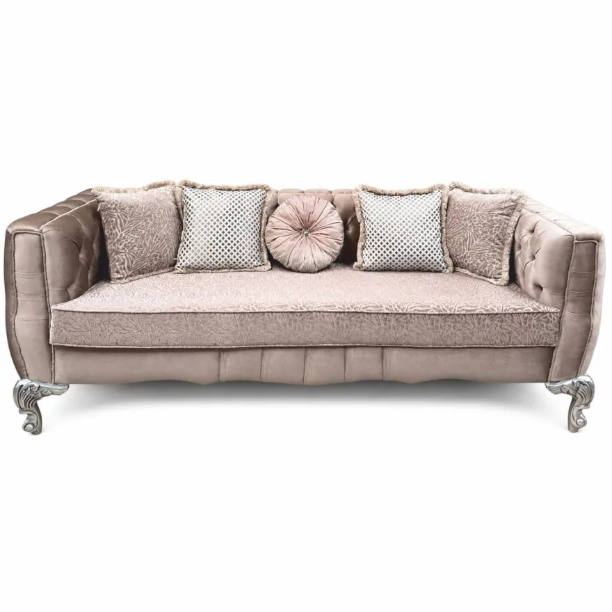 Casa Padrino Luxus Barock Wohnzimmer Sofa Rosa / Silber 235 cm - Prunkvolles Barockstil Sofa mit Kissen - Barock Wohnzimmer Möbel