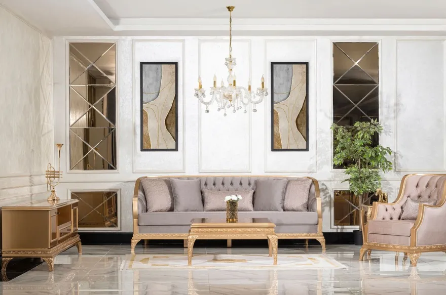 Casa Padrino Luxus Barock Wohnzimmer Sofa Grau / Gold - Handgefertigtes Barockstil Sofa mit dekorativen Kissen - Luxus Wohnzimmer Möbel im Barockstil - Barock Möbel